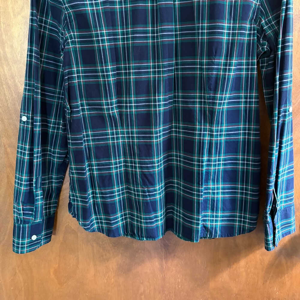 Talbots Green Blue Plaid Button Down Blouse Top 12 Ruffle High Neck Modest Fall - Picture 10 of 15